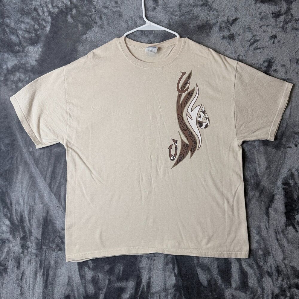 Vintage Y2K Hawaiian Tribal Begie Double Sided Graphic Short Sleeve T-Shirt XL